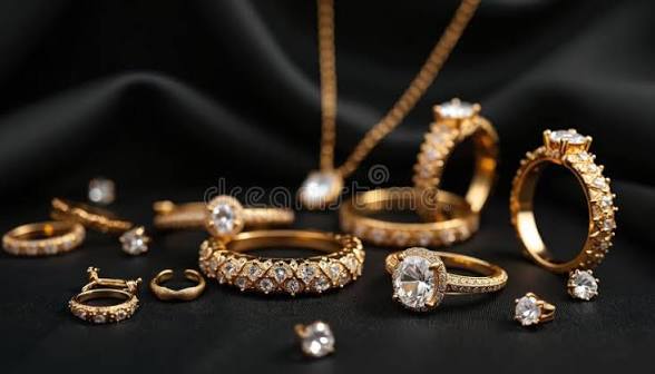 Anillos, aros y un collar dorados con piedras brillantes sobre fondo negro